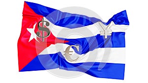 Cuban Flag with International Currency Symbols Symbolizing Economic Aspirations