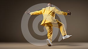 Cuban man in fancy yellow suit dancing and moving. Joyful, fashionable dark-skinned male dancer in motion. Generative AI