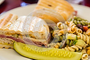 Cuban Sandwich with Pasta Salad and Pickle