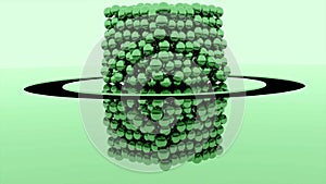 Cube of balls disintegrates on isolated background. Design. 3D cube descends to surface and splits into small balls