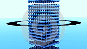 Cube of balls disintegrates on isolated background. Design. 3D cube descends to surface and splits into small balls