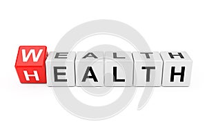 Cube Blocks with the Transition from Health to Wealth Word. 3d Rendering