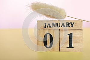 Cube calendar with date January 1st on the table.start new year 2024