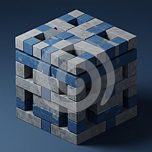 A cube composed of interlocking rectangular blocks in blue and gray shades. The