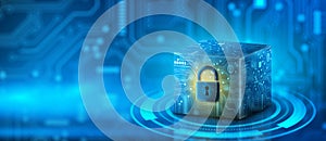 Cube computing technology with padlock. Cloud data and Internet Security