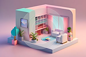 cube cutout of an isometric living room, 3d art, pastel colors, soft lighting, high detail, artstation, concept art, behance, ray