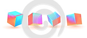 Cube 3d render, objects with gradient holographic color of hologram. Geometric decorative design elements. Set square