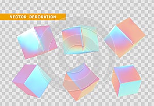 Cube 3d render, objects with gradient holographic color of hologram. Geometric decorative design elements. Set square