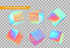 Cube 3d render, objects with gradient holographic color of hologram. Geometric decorative design elements. Set square