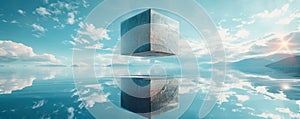Cube gently floating above a reflective surface, creating a symmetrical illusion