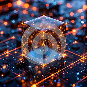 A cube with a glowing surface is surrounded by a pattern of lights