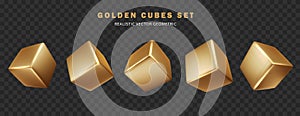 Cube in gold metallic set Isolated collection. Realistic 3d golden decorative design elements. Square geometric shapes