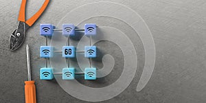 Cube grid with 6G symbols symbolizing connected network nodes and tools that are maintaining the grid - 3d illustration