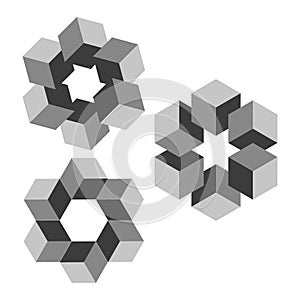 Cube hexagon shape. Modern 3D design. Geometric cube arrangement. Abstract block structure.