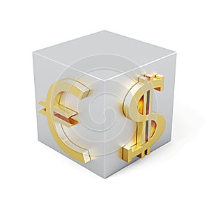 Cube with the image of the Euro and the dollar. 3d rendering