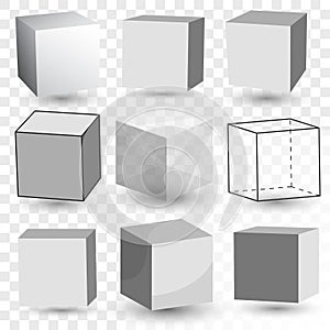 Cube Realistic set, transparent glass block model, paper cardboard box. Vector