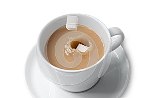 Cube sugar dropping into cup of tea