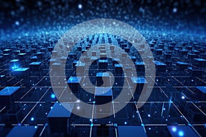 Cube technology on Converging point of circuit with Abstract blue background. Blockchain Network System. Big data storage