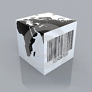 Cube with world map and barcode