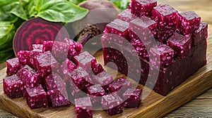 Cubed beetroot on a wooden board
