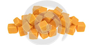 Cubed mild cheddar cheese on a white background photo