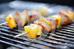 cubed pork and pineapple on skewers over grill