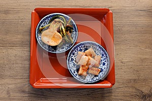 Cubed Radish Kimchi and turnip kimchi on a red tray isolated on a wooden background