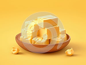 Cubes of butter in wooden bowl on yellow background