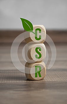 Cubes or dice with acronym CSR Corporate Social Responsibility on wooden background