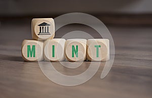 Cubes, dice or blocks with acronym MINT on wooden background