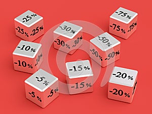 Cubes with different discounts for sale. Figures with percentages