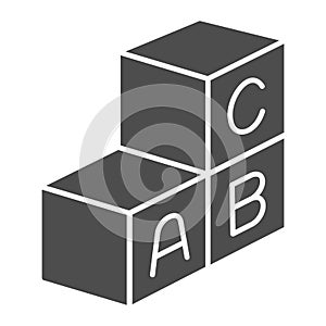 Cubes with first letters of alphabet solid icon, kid toys concept, ABC cubes sign on white background, letter block toy