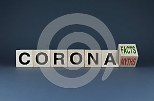 Cubes form the words corona facts or corona myths. Social Media Concept