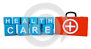 Cubes with Health Care sign and First Aid Case