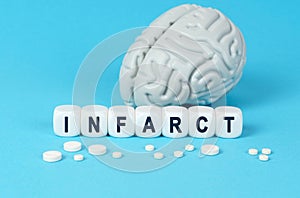 Cubes lie on the table among the pills and imitation of the brain. The text on the dice - INFARCT