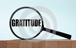 Cubes on a light blue wooden background. On them a magnifying glass with the word GRATITUDE