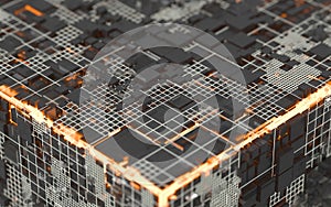 Cubes and materials, circuits and Lines, 3d rendering