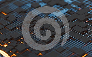 Cubes and materials, circuits and Lines, 3d rendering