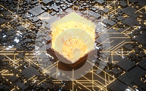 Cubes and materials, circuits and Lines, 3d rendering