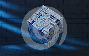 Cubes and materials with dark room, 3d rendering