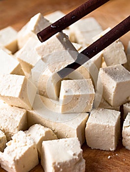 Cubes of raw tofu