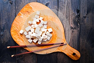 Cubes of raw tofu