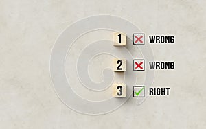 Cubes with several crosses and one checkmark symbolizing trial and error - 3d illustration