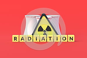 Cubes with word radiation near sign of toxic hazard and nuclear power plant on red background
