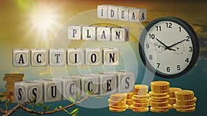 Cubes with the words `Idea`, `Plan`, `Action` and `Success` are arranged in steps against the background of an alarm clock