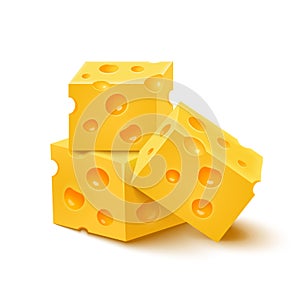 Cubes of yellow cheese on white background