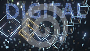 DIGITAL text and cubic chain and binary numbers. IT concept, 3D rendering