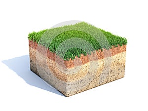 Cubic cross section of ground with grass, ecology, geology concept, soil sample isolated on white, 3d rendering