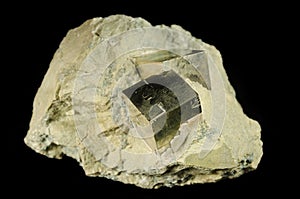 Cubic crystals of pyrite mineral