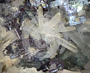 Cubic galena (lead sulphide) metallic and white quartz crystals